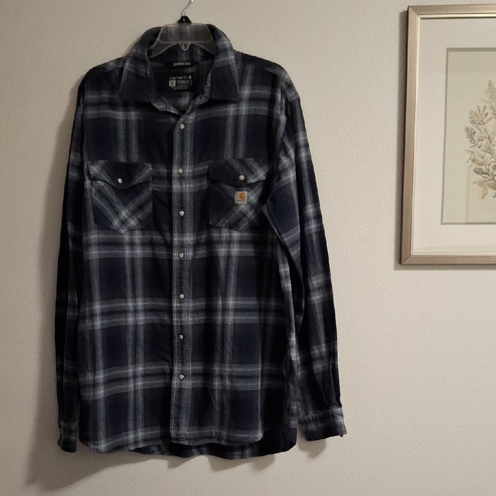Carhartt Rugged Flex Relaxed Fit Navy Plaid Shirt Pearl Snap Shirt XL Tall